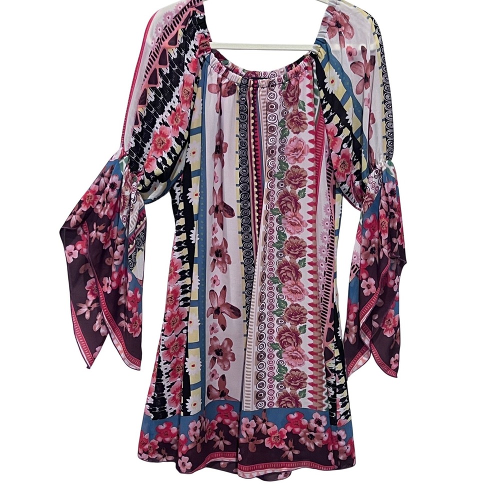Cocomo Boho Floral Bell Sleeve Off Shoulder Tunic Mini Dress‎ Medium 70s Chic